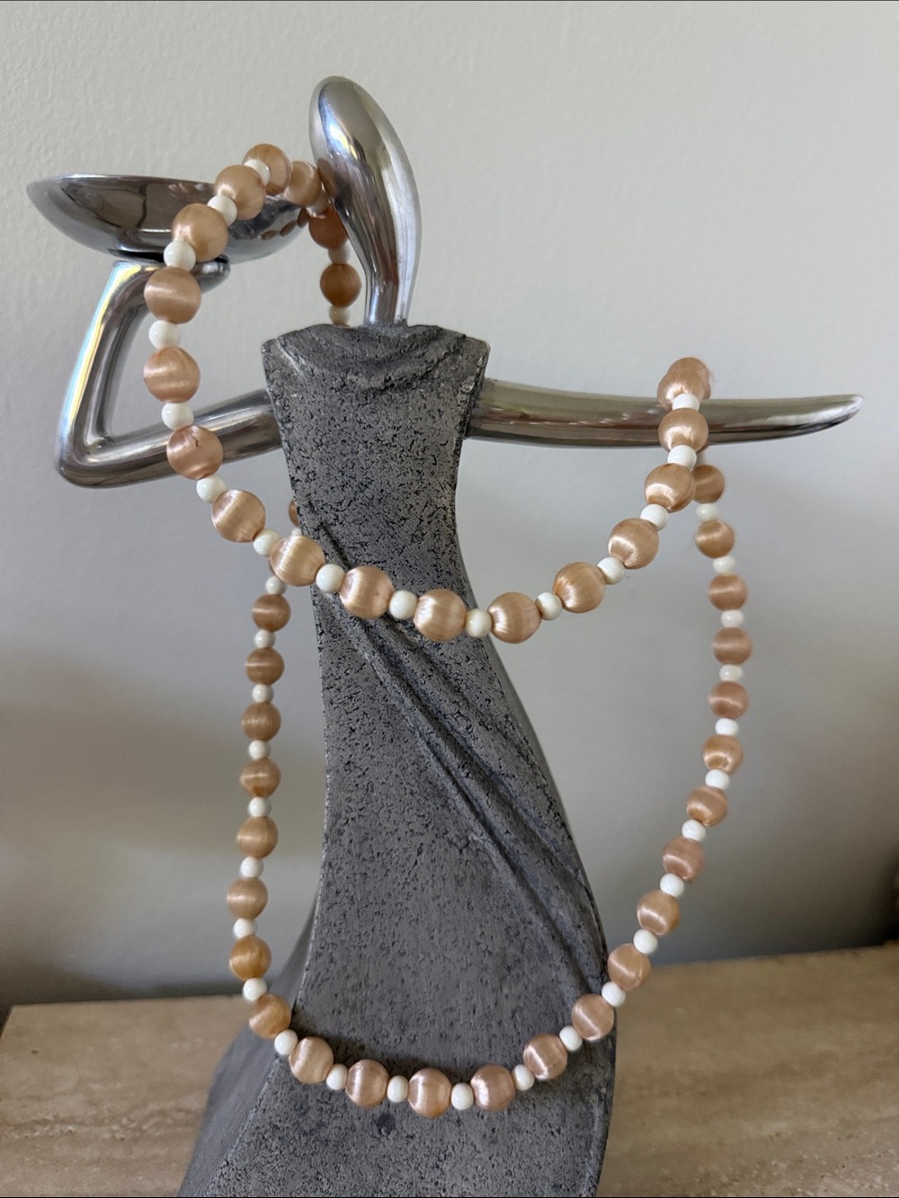 Vintage Silk Wrapped Round Bead Necklace Neutral Champagne White Spacers